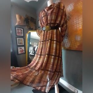 Zara Nwt Plaid Chiffon Long Sleeve Maxi Dress with Belt